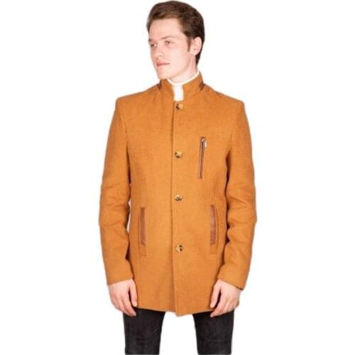 Mens Leather Zipper Detailed Khaki Cachet Coat 2021 Autumn Winter Season OuterwearJudgeCollar SlimFit Back Slit DetailedFashıon