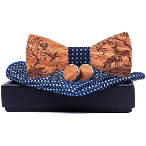 New 2021 Adjustable Wooden Bow Tie Set Chrismas Gift Pocket Square Brooch and Cufflinks With Wood Box For Men Bowtie Sets