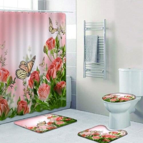 Personalized Shower Curtain Bathroom Floor Mat Base Mat Toilet Mat Combination 3D Digital Printing Home Happy Shower 4-Piece Set