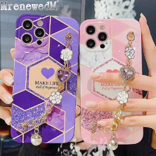 Luxury Marble Love Heart Bracelet Phone Case For iPhone 11 12 Pro XR XS Max Mini 7 8 Plus SE 2020 Splic Geometric Soft IMD Cover