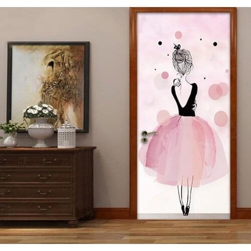 Self Adhesive Door Sticker Pink Ballet Girl Art Wall Mural Wallpaper For Kids Room Bedroom Door Decoration Stickers Waterproof