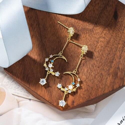 Moon Star Earring Micropaved white zirconia Gold Color Celestial Pearl Night Sky Drop Earrings Bridesmaid Jewelry Gift Wrapping