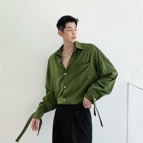 Mens New Fashion Long Sleeve Loose Pure Color Shirt Youth Casual Party Tops Army Green White