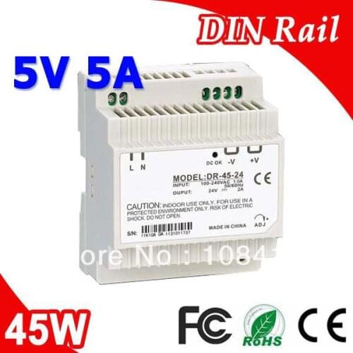 DR-45-5 LED Din Rail mounted Power Supply Transformer 110V 220V AC to DC 5V 5A 25W Output