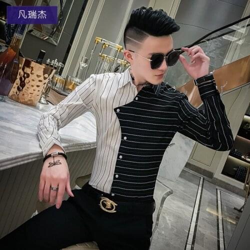 Spring Mens Striped Shirt Irregular Top Slim Fit Single Breasted Mixed Color Size M-XXXL A2
