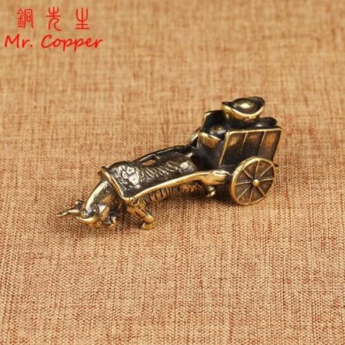 Vintage Ornament Bull Pull Vehicle Figurines Copper Chinese Folk Feng Shui Crafts Home Decorations Accessories Bring Good Luck