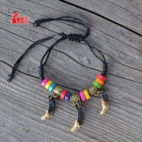 YS012 Natural bone punk bracelet wood beads bracelet men spike bracelet women Primitive tribes jewelry Fake wolf Tooth Bangles