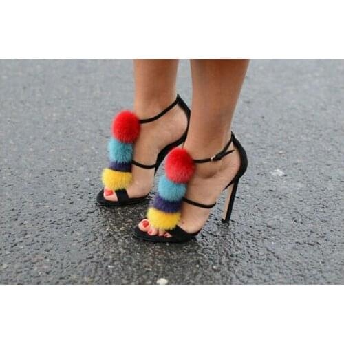 New arrival buckle strap high heel women sandals open toe colorful plush ball stiletto heels wedding party dress shoes woma
