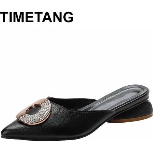 TIMETANG Summer Women Sandals 2021 Korean Fashion Point-Toes Low-Heels Home Ladies Slipper Metal Decoration Slip On Casual House