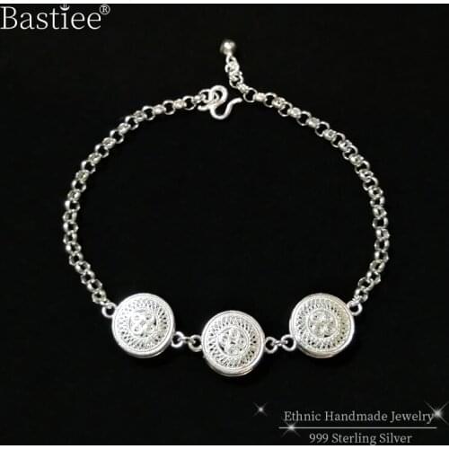 Bastiee Bronze Drum 999 Sterling Silver Charm Bracelet Femme Vintage Bracelets For Women Handmade Ethnic Luxury Jewelry Vintage