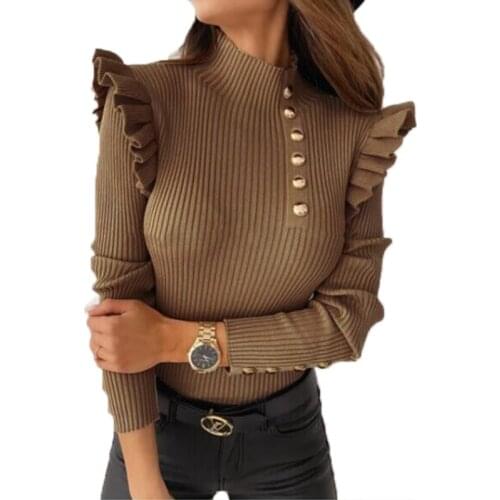 Ruffled Long-sleeved Autumn Winter Womens Knitted Pullover Solid Color Black White Buttons Mock Neck OL Female Sweater Pullovers