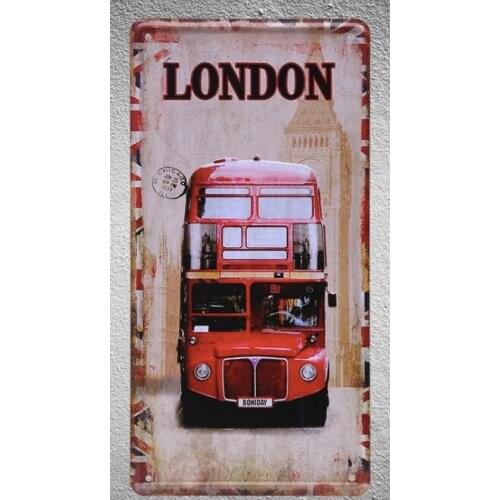 1 pc London UK red Bus Britain Double decker plaques shop store Tin Plates Signs wall Decoration Metal Art Vintage Poster