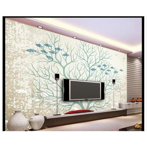 3D wallpaper cuetom mural non-woven wallpaper Tree hand-painted Mediterranean fish TV setting wall beauty home decoration