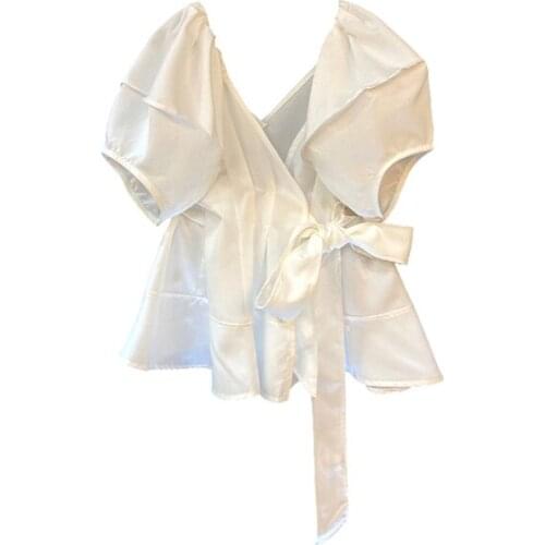 White Women Shirts Summer New Design 2021 V-Neck Belt Bow Slim Lantern Sleeved Elegant Office Lady Outwear Tops