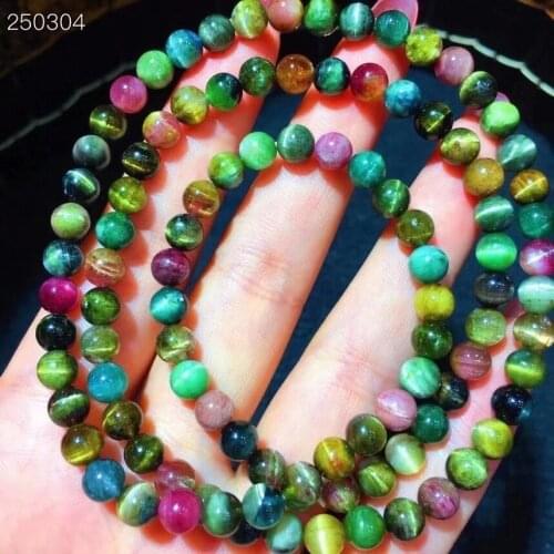 5.7mm Certificate Natural Colorful Tourmaline Quartz 3 Laps Bracelet Clear Beads Women Cat Eye Fashion Best Stone AAAAA