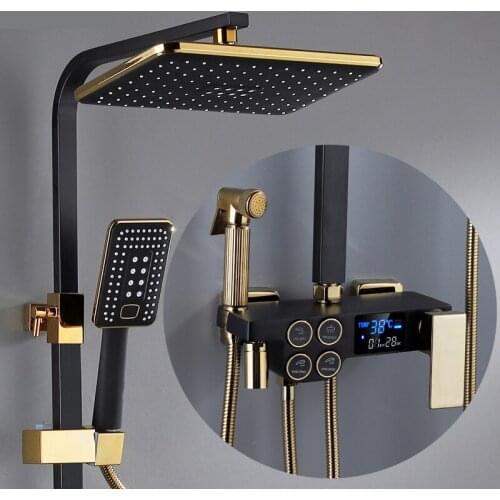 Hot and Cold Digital Shower Set Faucet Bathroom Shower System Black Gold Shower Faucet Square Shower Head Bath Shower System