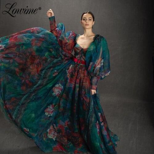 Lowime Floral Print Long Party Dress Custom Made Long Sleeves Women Evening Dresses 2021 A Line Prom Dress Celebrity Gowns Robes