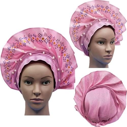 Nigerian Aso Oke Gele Headtie with beads Traditional wedding Use Beads 010 Auto Gele