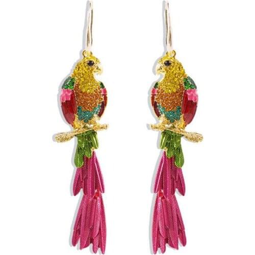JINGLANG Exaggerated and American Alloy Oil Drop Creative Animal Parrot Rhinestone Long Earrings Women Party Jewelry Gift