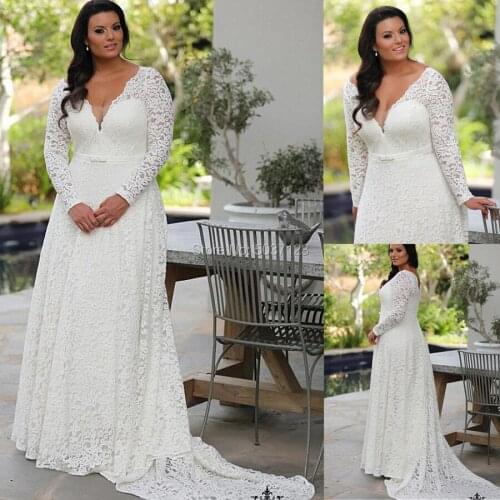 Full Lace V-neck Neckline A-line Plus Size Wedding Dresses With Bowknot Long Sleeves Sweep Train Vestido de Noiva Bridal Gowns