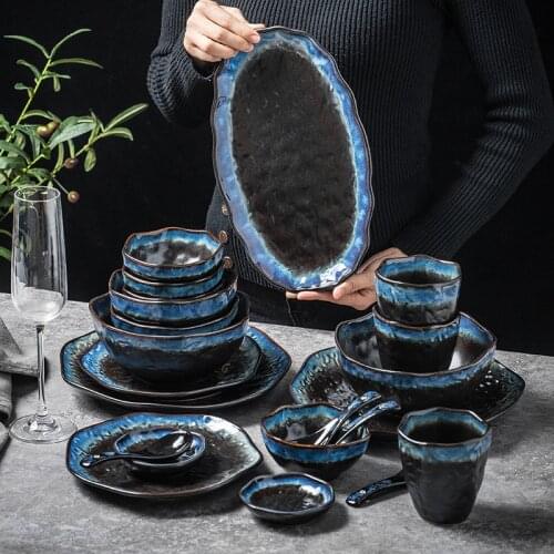 Irregular Dinner Plates Creative Fancy Glaze Dinnerware Black Blue Splicing Ceramic Plate Household Dishes Platos De Cena