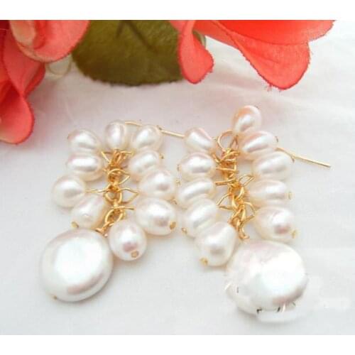 New Arrival Favorite Pearl Earrings 6-14mm White Rice And Coin Genuine Freshwater Pearls Gold Plated Hook Dangle Earring