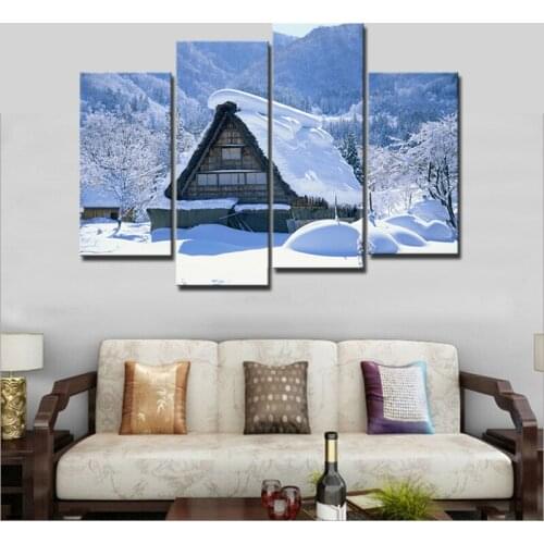 House Snow Covered Landscape Wall Pictures Winter Nature Scenery Canvas Art Painting HD Giclee Winter Scene Wall Art Decoration