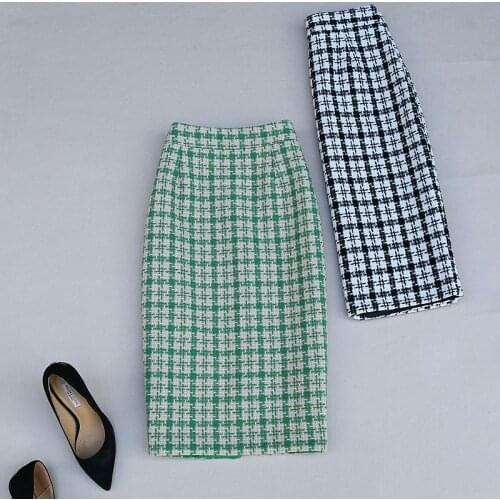 Finer Chois ON SALE Elegant Women Work Wear Woven Skirt High Waist Plaid Office Lady Bud Skirt