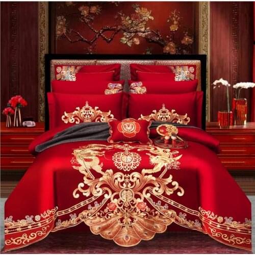 Luxury Gold Phoenix Loong Embroidery Bedding Set Chinese Style Wedding Pure Cotton Red Duvet Cover Bed sheet Linen Pillowcases