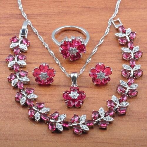 Silver Color Jewelry Set Best Gift Red Zirconia Flower For Women Earrings Necklace Pendant Rings Bracelet Set JS0542