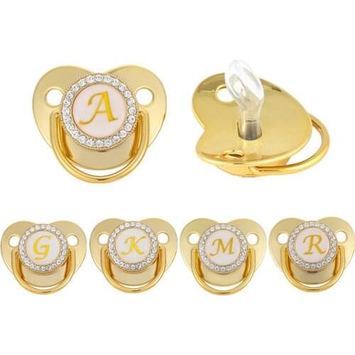 BPA Free Baby Pacifier 26 Letter Initials Golden Shiny Rhinestones Luxury Pacifier Silicone Nipple For 6-18M Newborn Baby Shower