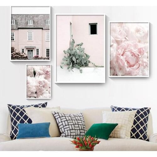 Scandinavian Peony Flower Feather Pink House Canvas Painting Love Quotes Print Poser Nordic Wall Art Pictures for Room Decor