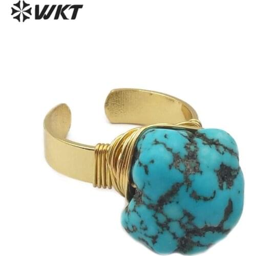 WT-R343 Fashion Design wire wrapped natural chunky stone Ring adjustable size Rings gold electroplated women Charm Jewelry