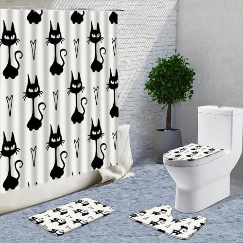 Cartoon Black Cat Anime Shower Curtain Set Bathroom Curtains Set Non-Slip Carpet Set Toilet Lid Cover Bathroom Things For Home