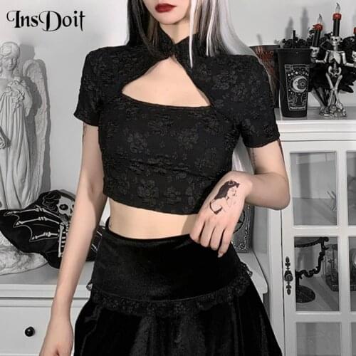 InsDoit Gothic Clothes Black T Shirt Women Harajuku Cut Out Streetwear Crop Top Vintage Print Summer Short Sleeve Sexy Slim Tees