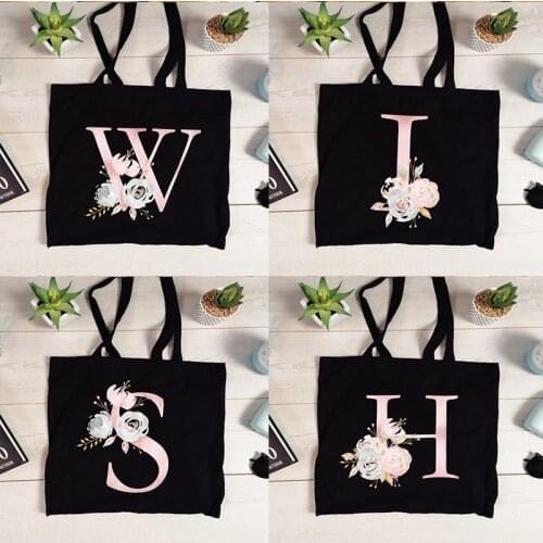 Women Shopping Bag Pink Letter Print Female Canvas Shoulder Bag Casual Storage Handbag Reusable Foldable Eco Shopper Large Totes