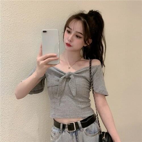 Womens Clothing, Cotton One-shoulder T-shirt, Female Bowknot, New High-waisted Korean Style, Age-reducing Blouse, Female Short