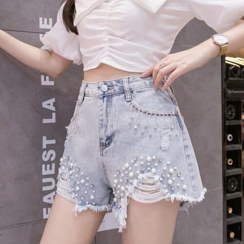 Female Denim Shorts 2021 Summer New High Waist Slimming Heavy Beaded Sequin Fringed Ripped Wide Leg Pants Jeans Shorts
