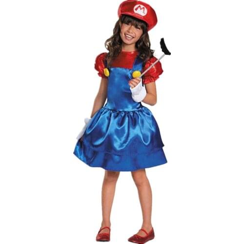 4-12Y Girl Halloween Costumes Funny Super Mario Luigi Dress Kids Anime Fantasia Cosplay Suspenders Dress