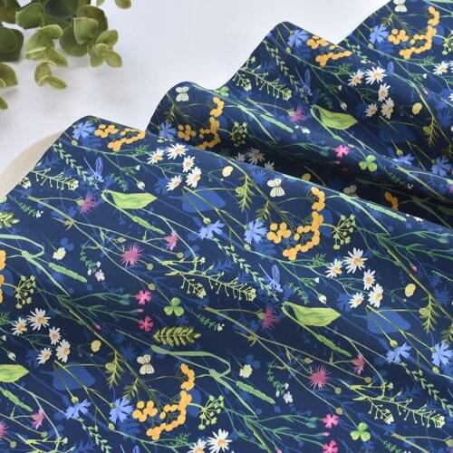 1meter 100% cotton branch flowers navy blue fabric for Childrens skirt dress DIY Summer clothes bag handwork fabric art XMT