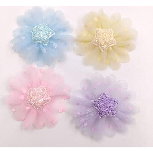 12Pcs 6CM Mesh Flower With Star Applique For DIY Baby Hair Clip Hat Headwear Crafts Patches Decor Ornament Clothing Accessories