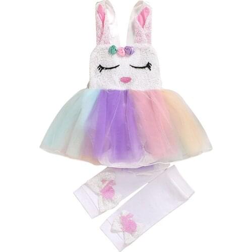 3Pcs 0-18M Newborn Kids Baby Girl Easter Clothes Cute Rabbit Rainbow Mesh Dress Leggings Lace Tutu Bunny Dresses Summer 2020 new