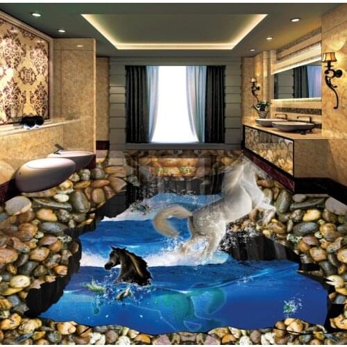 Free Shipping Horse across river crack ocean 3D stereo bathroom living room lobby hotel wear floor wallpaper mural
