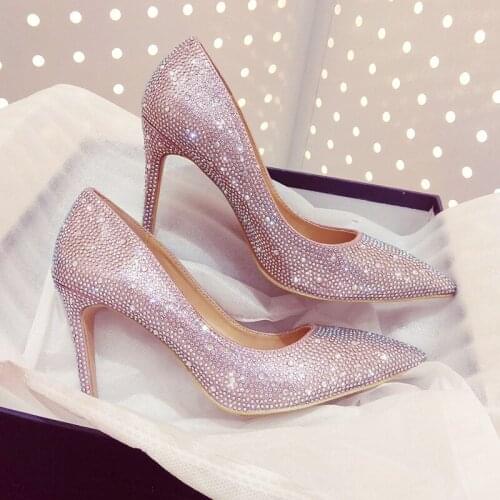 Bling Rhinestone High Heel Ladies Sexy Pointed Toe Full Crystal Pumps Slip On Thin Heel Shiny Wedding Dress Shoes