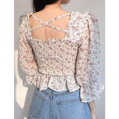Blusas Mujer Casual Flare Sleeve Pleated Chiffon Shirt Women 2021 Autumn Korean Square Collar Floral Women Blouse Backless 10280