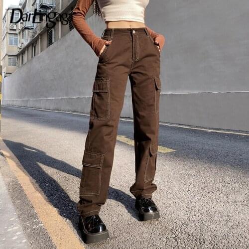 Darlingaga Vintage Fashion Brown Cargo Pants Women Baggy Jeans Streetwear Pockets Denim Trousers Autumn High Waist Jeans Clothes