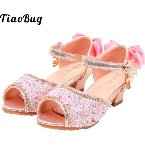 Kids Girl Rhinestone Heel Pu Leather Big Bow Princess Dance Shoes Summer