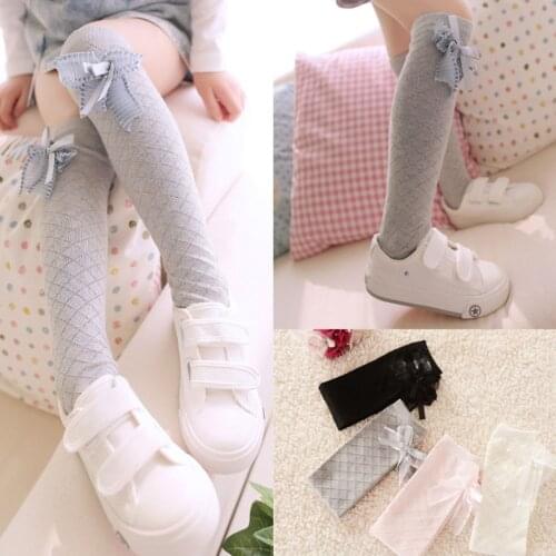 Ortoluckland Baby Girls Knee High Infant Cotton Lace Bowknot Socks For Children Summer Breathable School Shoes Solid Sock