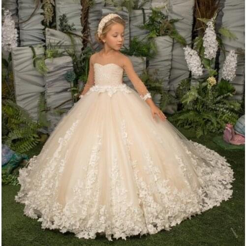 Classic Flower Girl Dress With Bow Lace Appliques Long Sleeve For Wedding Birthday Ball Gown First Holy Communion Dresses