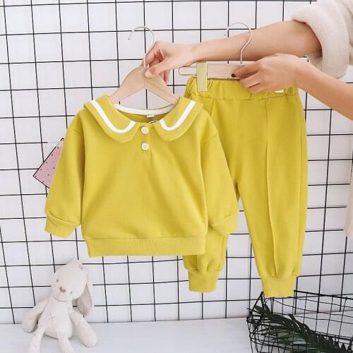 0-4 years old baby girl clothes spring and autumn cotton suit girl lapel college style solid color clothing girl 2-piece set